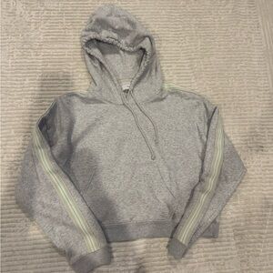 Gray Hooded Sweater with Striped Sleeves